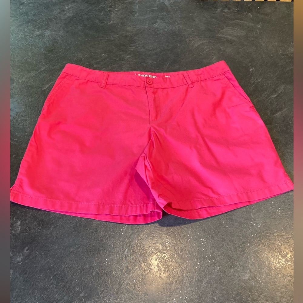 Girls Lands End pink flat front chino uniform shorts size 16+